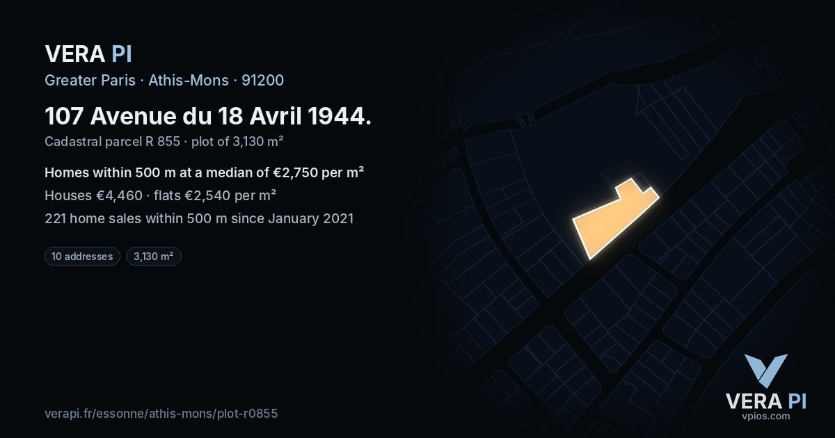 107 Avenue du 18 Avril 1944, Athis-Mons at night – the plot lit, the parcels around coloured by the prices near them