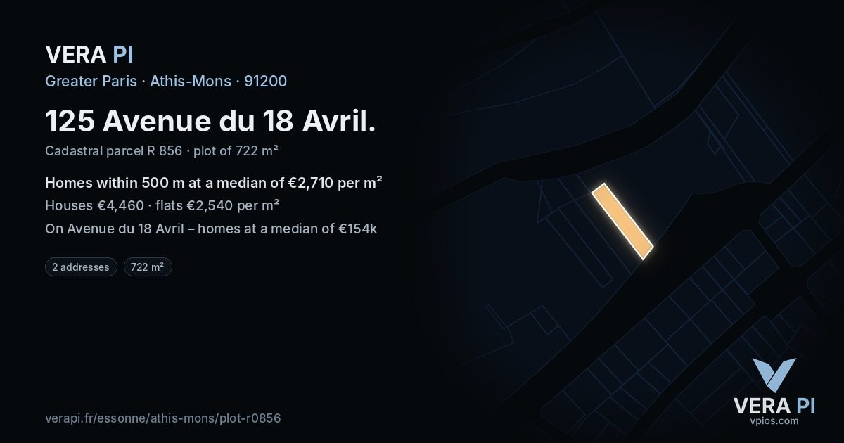 125 Avenue du 18 Avril, Athis-Mons at night – the plot lit, the parcels around coloured by the prices near them