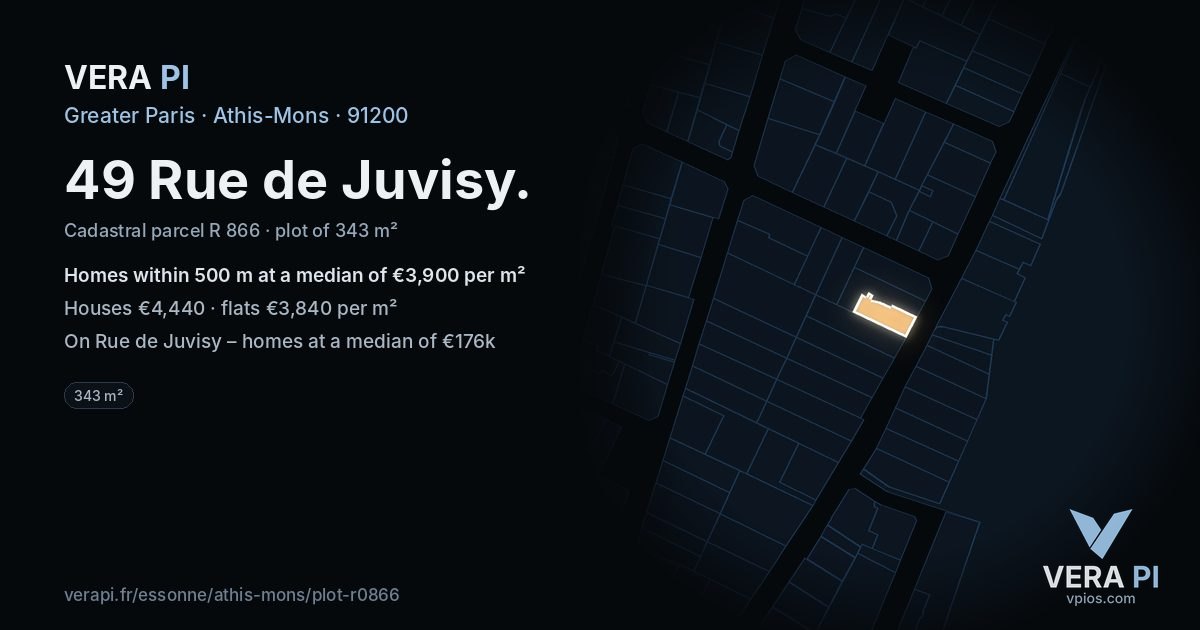49 Rue de Juvisy, Athis-Mons at night – the plot lit, the parcels around coloured by the prices near them