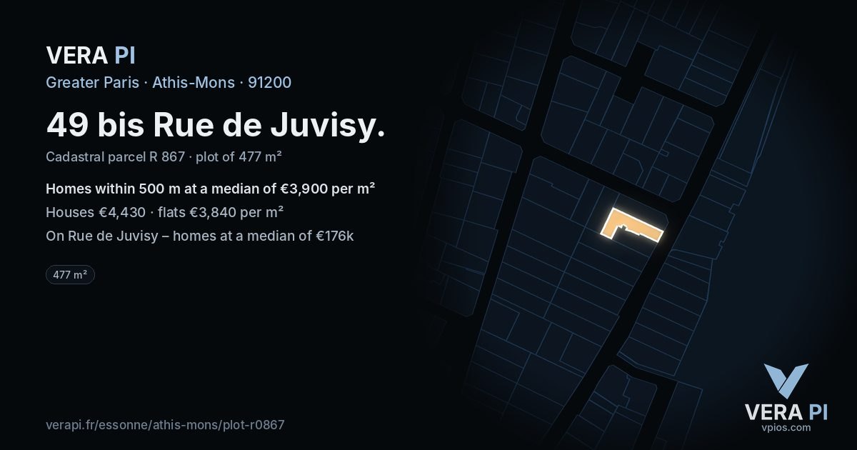 49 bis Rue de Juvisy, Athis-Mons at night – the plot lit, the parcels around coloured by the prices near them