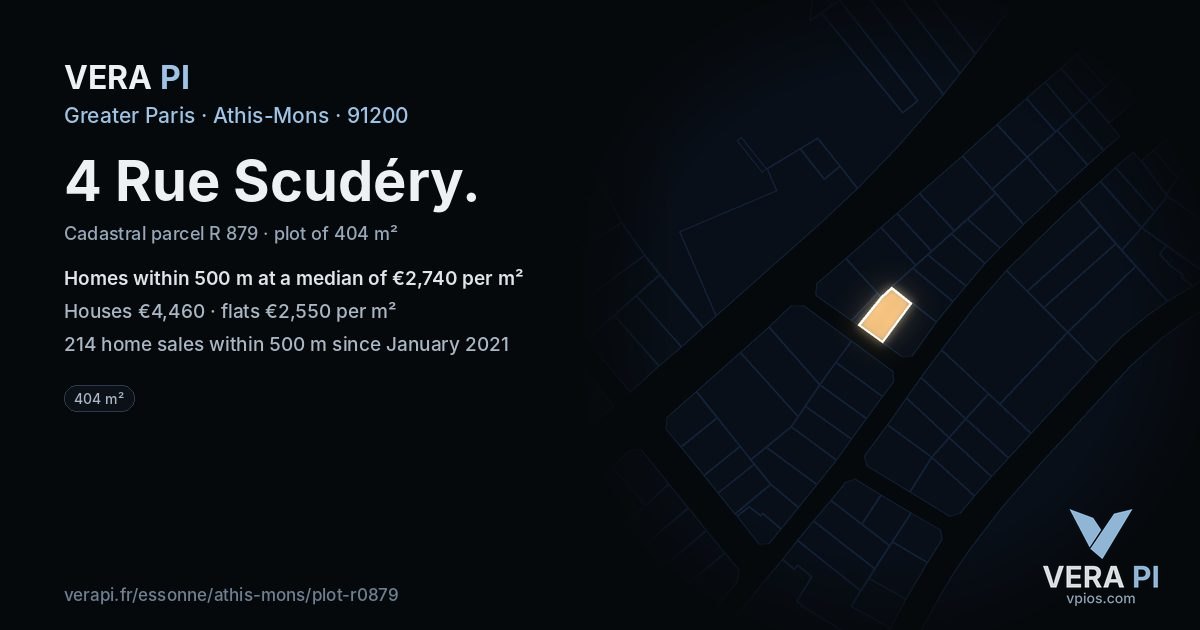 4 Rue Scudéry, Athis-Mons at night – the plot lit, the parcels around coloured by the prices near them