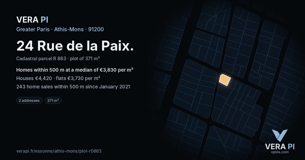 24 Rue de la Paix, Athis-Mons at night – the plot lit, the parcels around coloured by the prices near them
