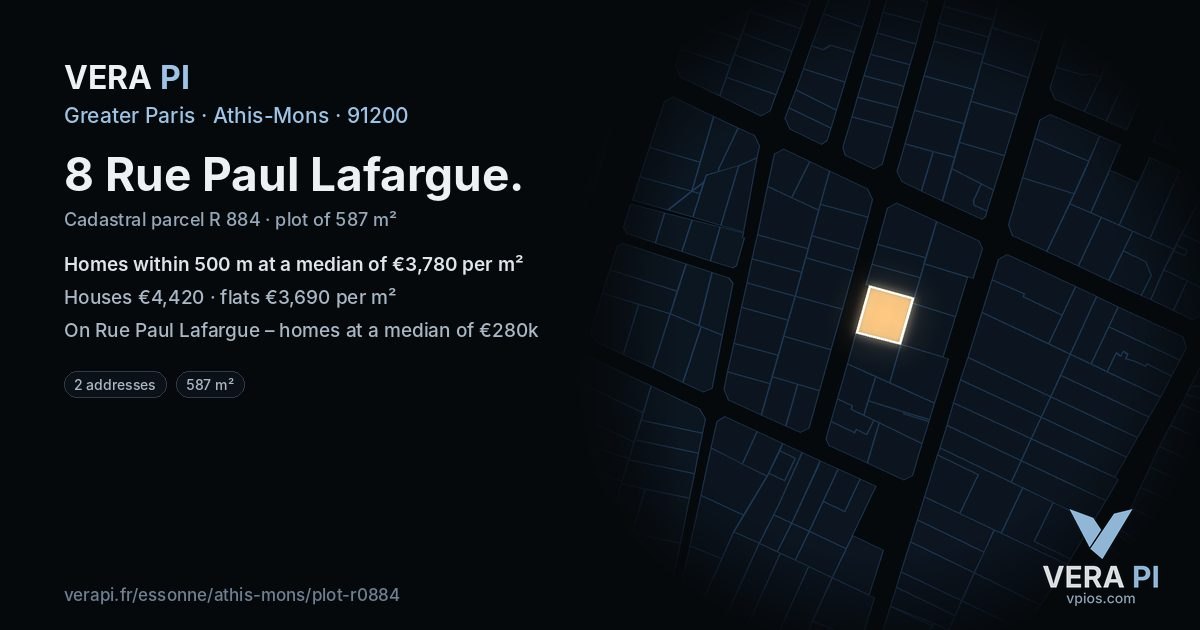 8 Rue Paul Lafargue, Athis-Mons at night – the plot lit, the parcels around coloured by the prices near them