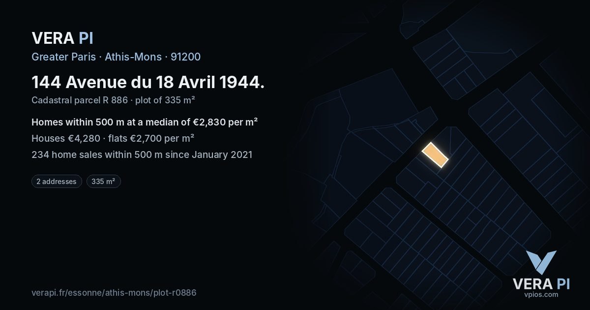 144 Avenue du 18 Avril 1944, Athis-Mons at night – the plot lit, the parcels around coloured by the prices near them
