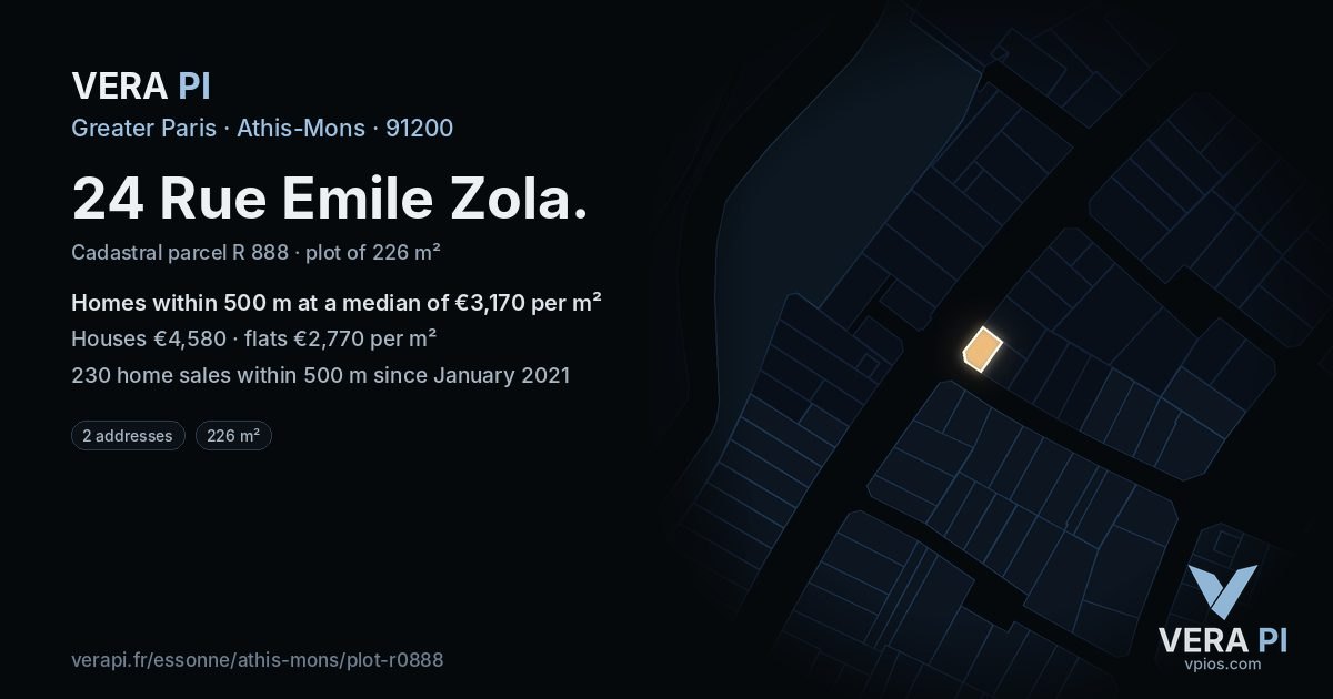 24 Rue Emile Zola, Athis-Mons at night – the plot lit, the parcels around coloured by the prices near them