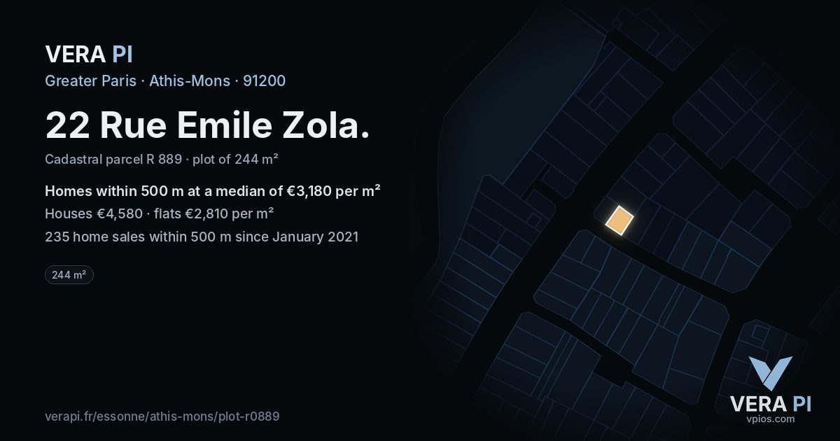 22 Rue Emile Zola, Athis-Mons at night – the plot lit, the parcels around coloured by the prices near them