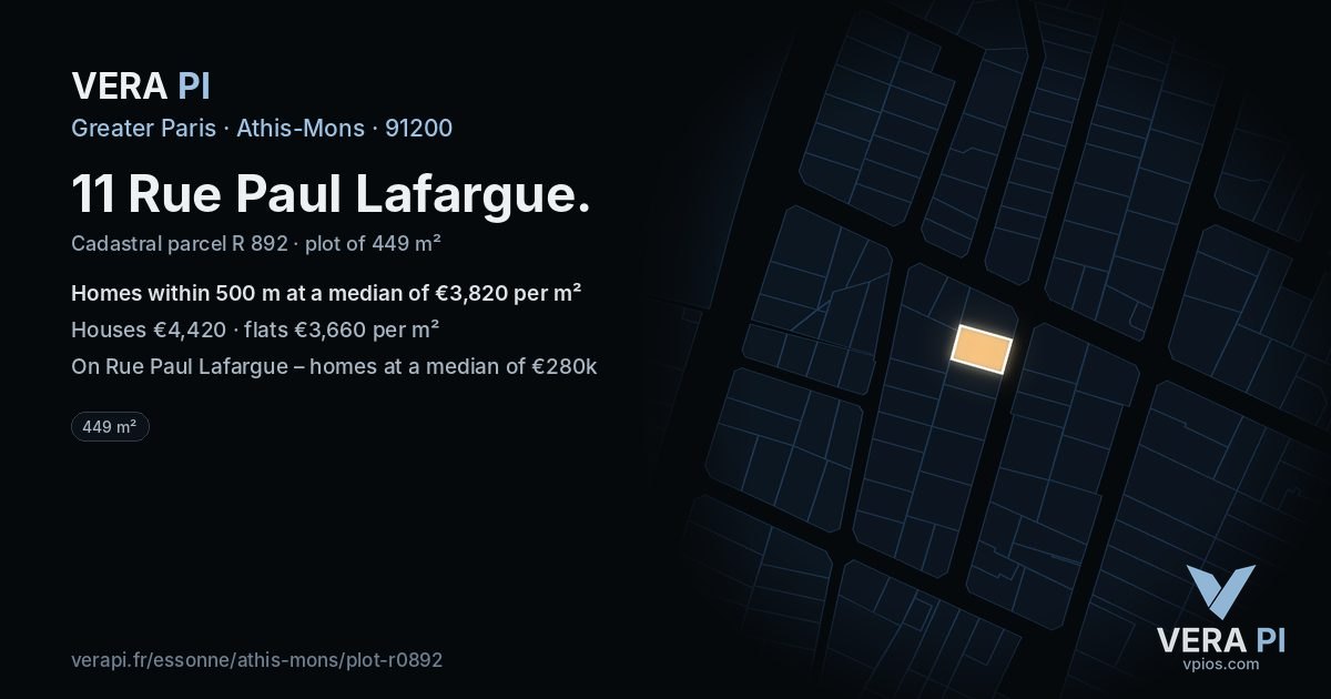 11 Rue Paul Lafargue, Athis-Mons at night – the plot lit, the parcels around coloured by the prices near them