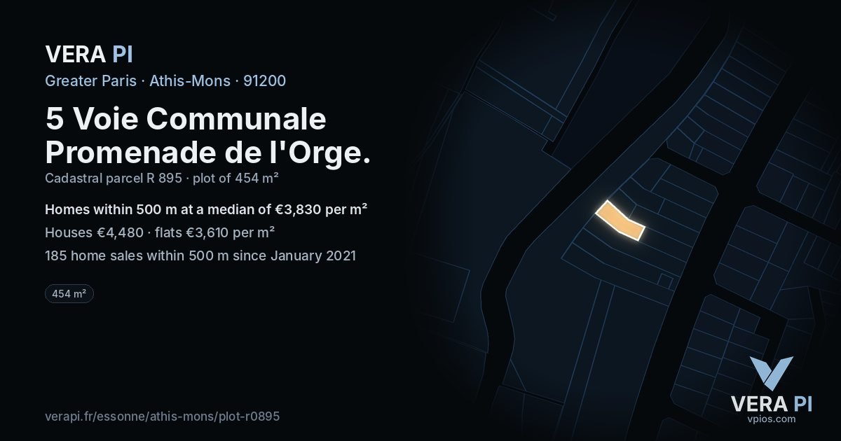 5 Voie Communale Promenade de l'Orge, Athis-Mons at night – the plot lit, the parcels around coloured by the prices near them