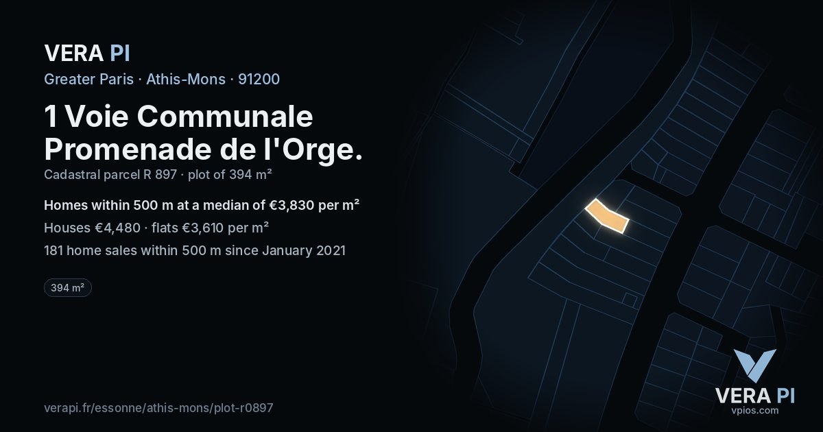 1 Voie Communale Promenade de l'Orge, Athis-Mons at night – the plot lit, the parcels around coloured by the prices near them