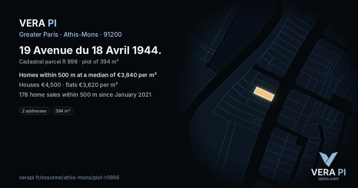 19 Avenue du 18 Avril 1944, Athis-Mons at night – the plot lit, the parcels around coloured by the prices near them