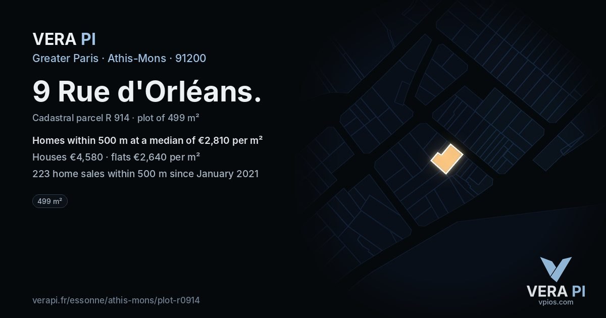 9 Rue d'Orléans, Athis-Mons at night – the plot lit, the parcels around coloured by the prices near them