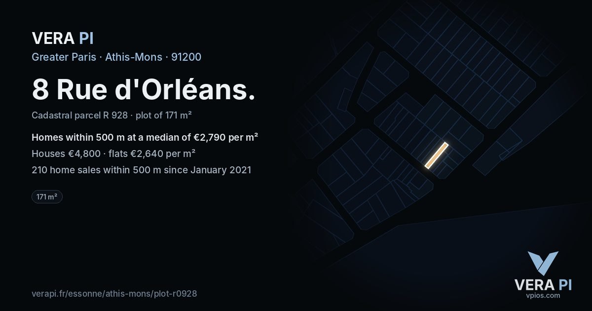 8 Rue d'Orléans, Athis-Mons at night – the plot lit, the parcels around coloured by the prices near them
