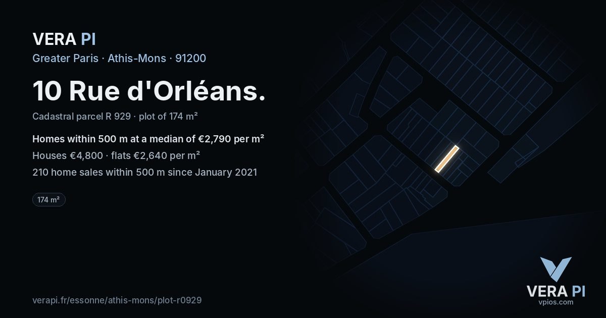 10 Rue d'Orléans, Athis-Mons at night – the plot lit, the parcels around coloured by the prices near them