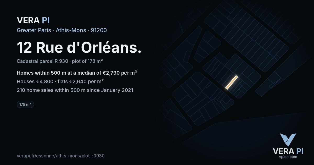 12 Rue d'Orléans, Athis-Mons at night – the plot lit, the parcels around coloured by the prices near them