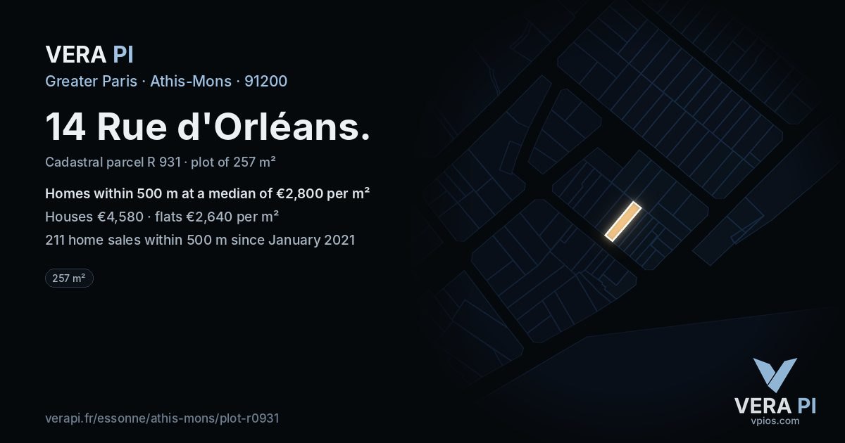14 Rue d'Orléans, Athis-Mons at night – the plot lit, the parcels around coloured by the prices near them
