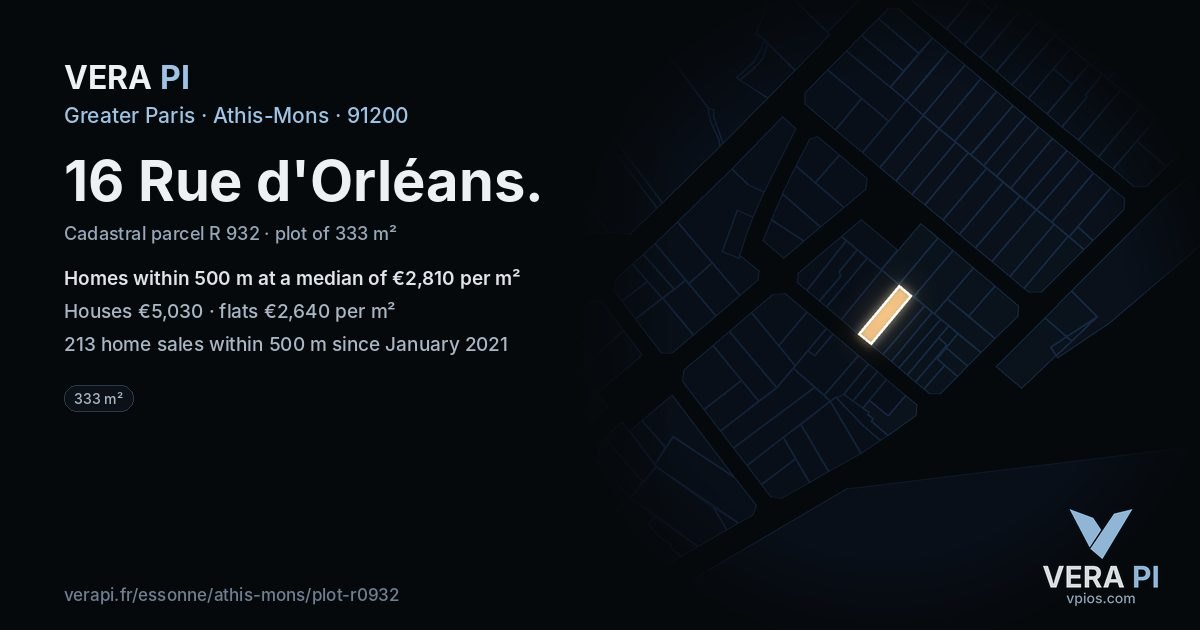 16 Rue d'Orléans, Athis-Mons at night – the plot lit, the parcels around coloured by the prices near them