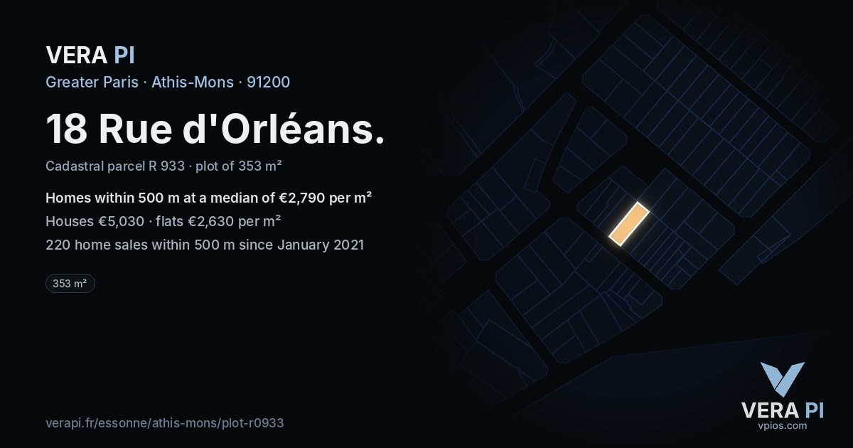 18 Rue d'Orléans, Athis-Mons at night – the plot lit, the parcels around coloured by the prices near them