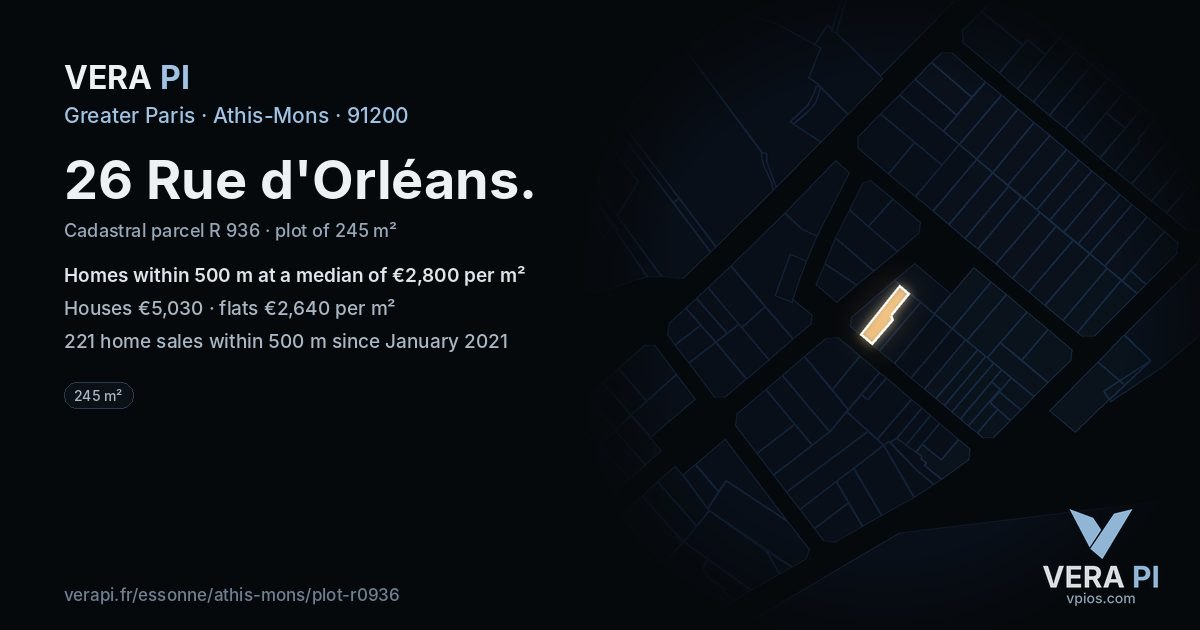26 Rue d'Orléans, Athis-Mons at night – the plot lit, the parcels around coloured by the prices near them