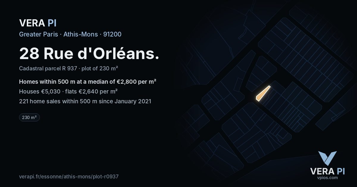 28 Rue d'Orléans, Athis-Mons at night – the plot lit, the parcels around coloured by the prices near them