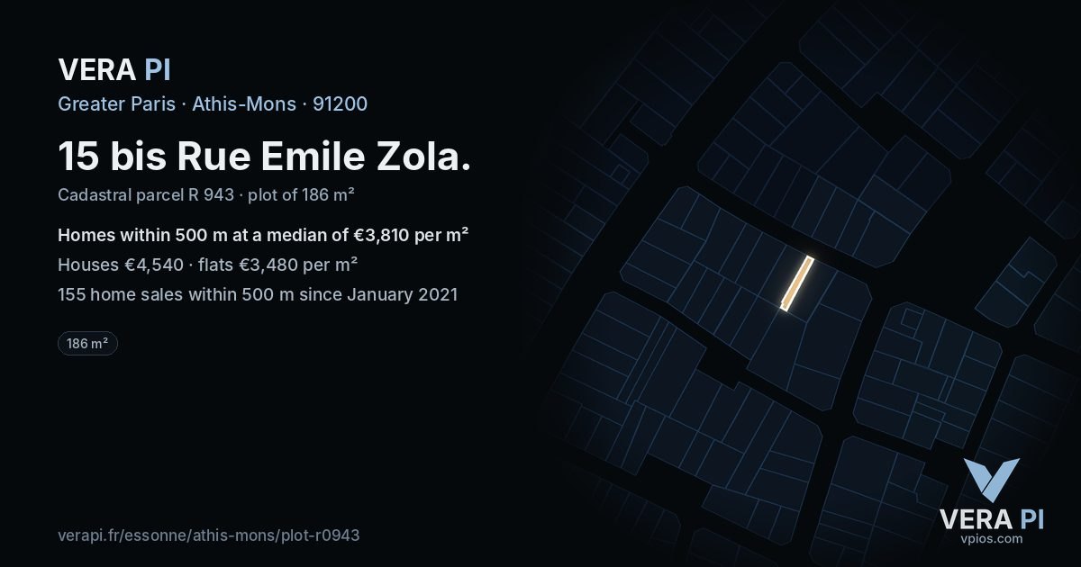 15 bis Rue Emile Zola, Athis-Mons at night – the plot lit, the parcels around coloured by the prices near them