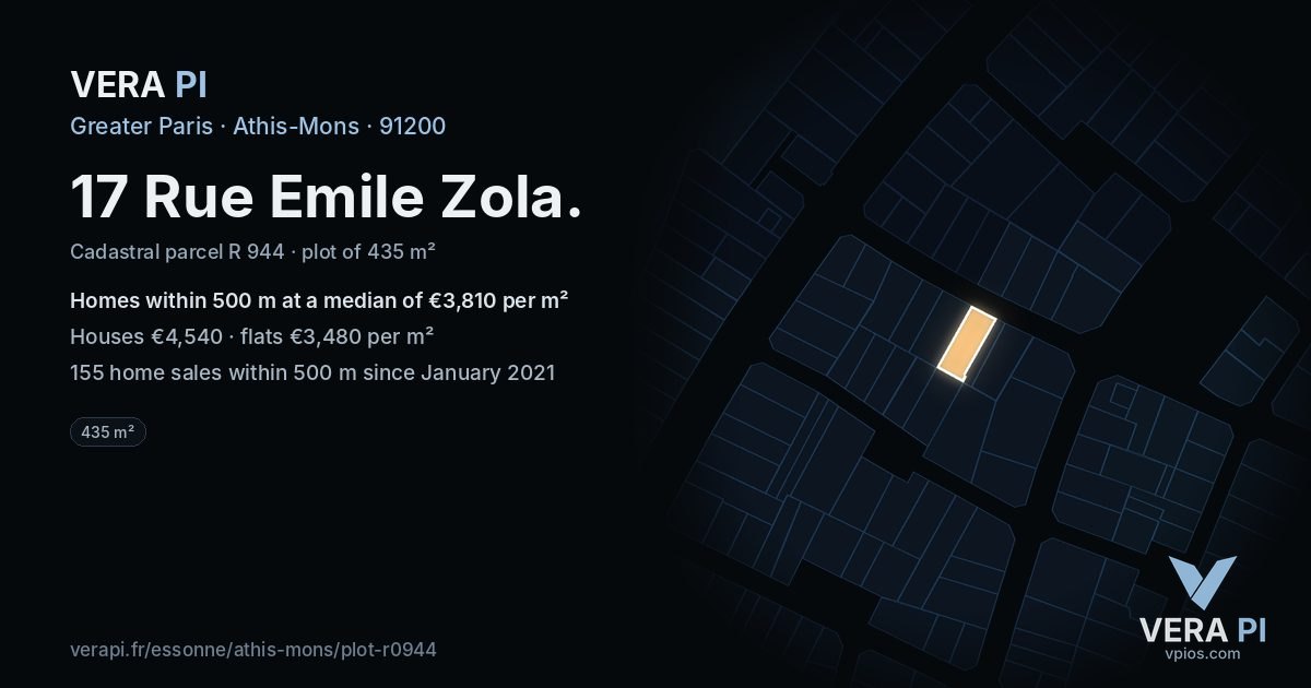 17 Rue Emile Zola, Athis-Mons at night – the plot lit, the parcels around coloured by the prices near them