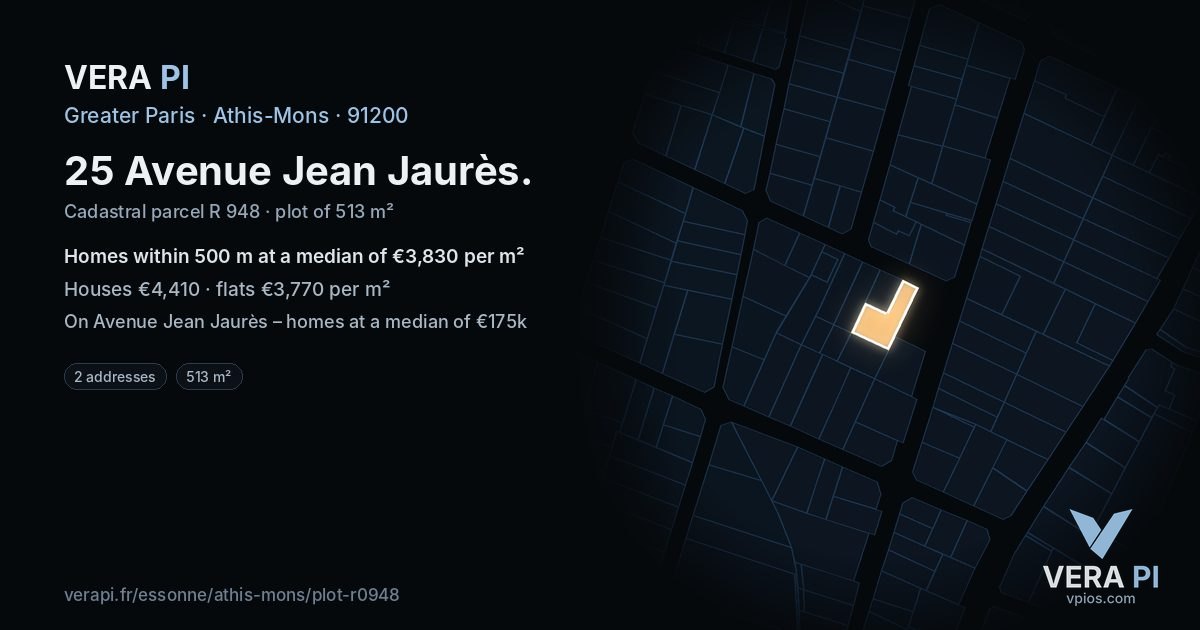 25 Avenue Jean Jaurès, Athis-Mons at night – the plot lit, the parcels around coloured by the prices near them