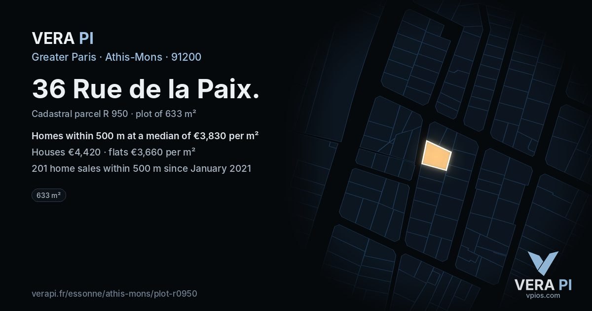 36 Rue de la Paix, Athis-Mons at night – the plot lit, the parcels around coloured by the prices near them