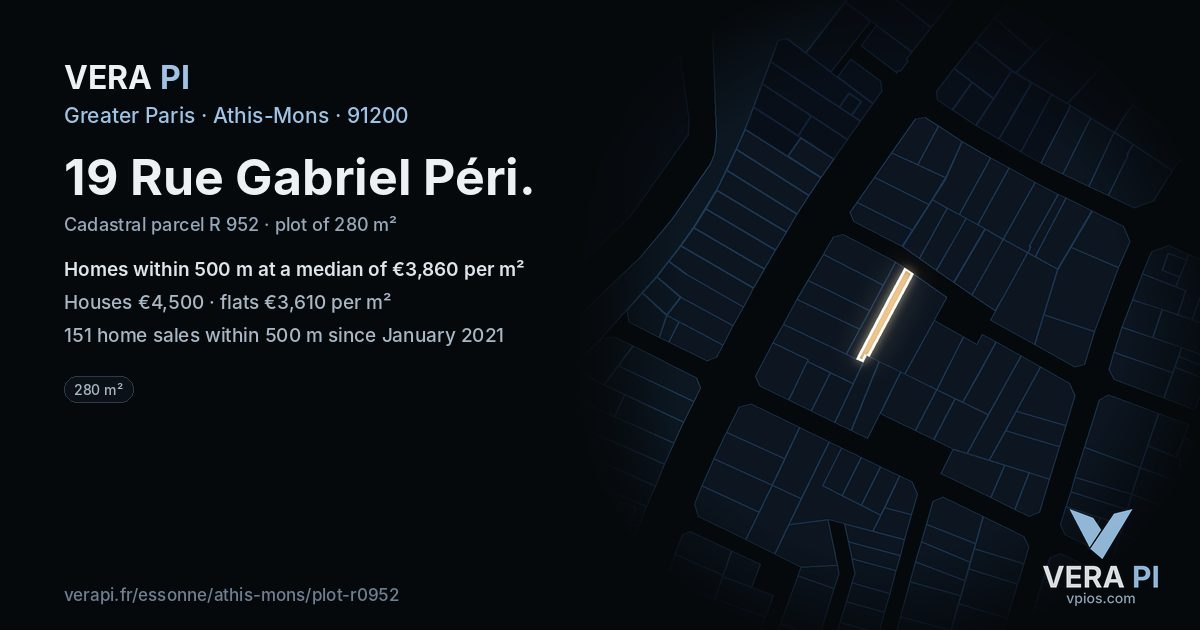 19 Rue Gabriel Péri, Athis-Mons at night – the plot lit, the parcels around coloured by the prices near them