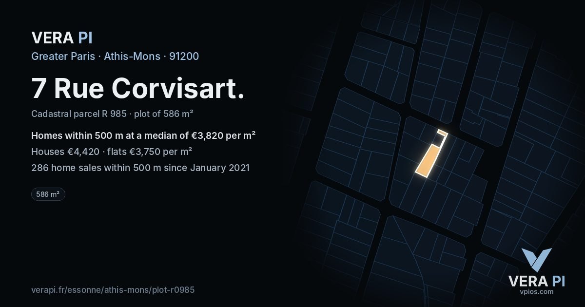 7 Rue Corvisart, Athis-Mons at night – the plot lit, the parcels around coloured by the prices near them
