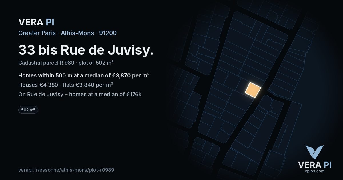 33 bis Rue de Juvisy, Athis-Mons at night – the plot lit, the parcels around coloured by the prices near them
