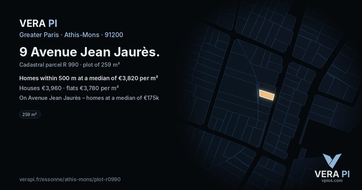 9 Avenue Jean Jaurès, Athis-Mons at night – the plot lit, the parcels around coloured by the prices near them