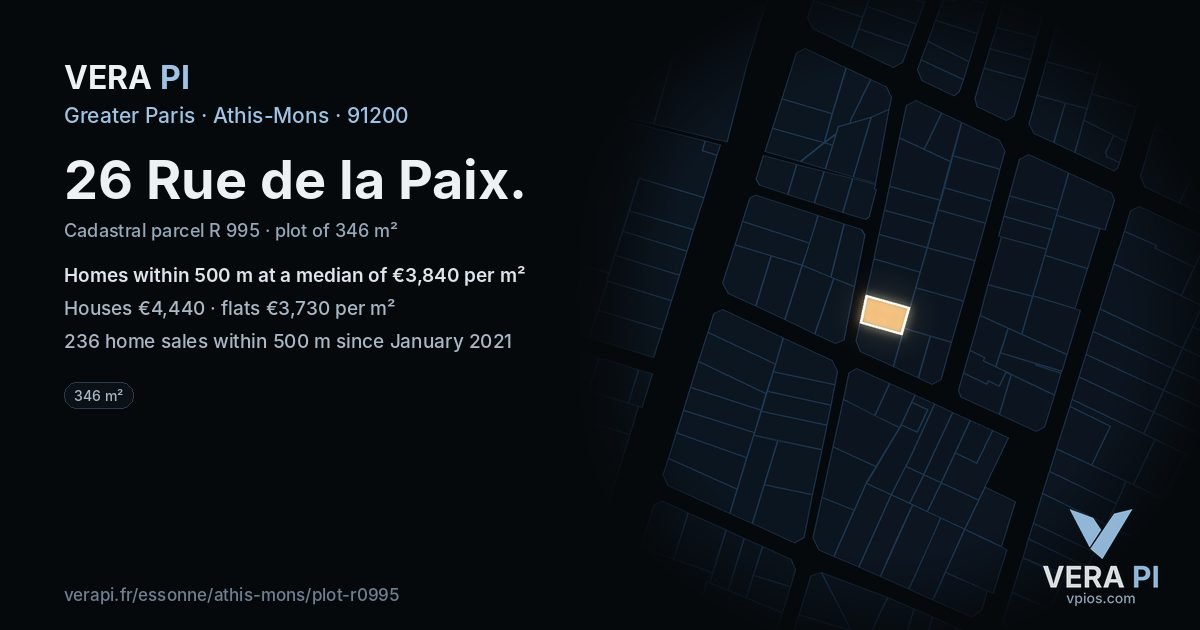26 Rue de la Paix, Athis-Mons at night – the plot lit, the parcels around coloured by the prices near them