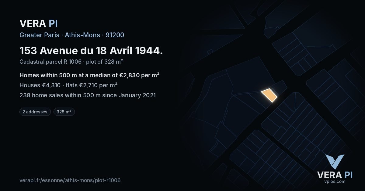 153 Avenue du 18 Avril 1944, Athis-Mons at night – the plot lit, the parcels around coloured by the prices near them