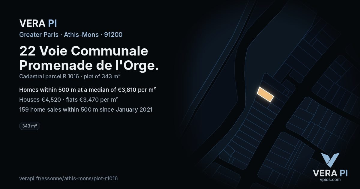 22 Voie Communale Promenade de l'Orge, Athis-Mons at night – the plot lit, the parcels around coloured by the prices near them