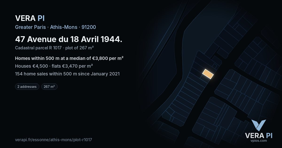 47 Avenue du 18 Avril 1944, Athis-Mons at night – the plot lit, the parcels around coloured by the prices near them