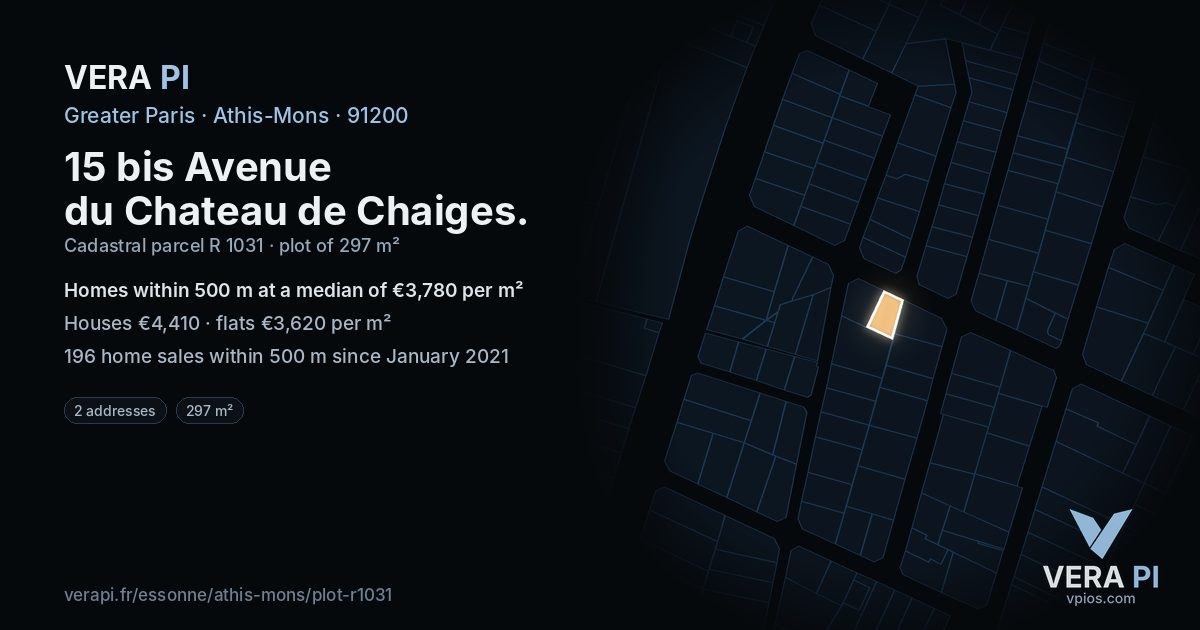 15 bis Avenue du Chateau de Chaiges, Athis-Mons at night – the plot lit, the parcels around coloured by the prices near them