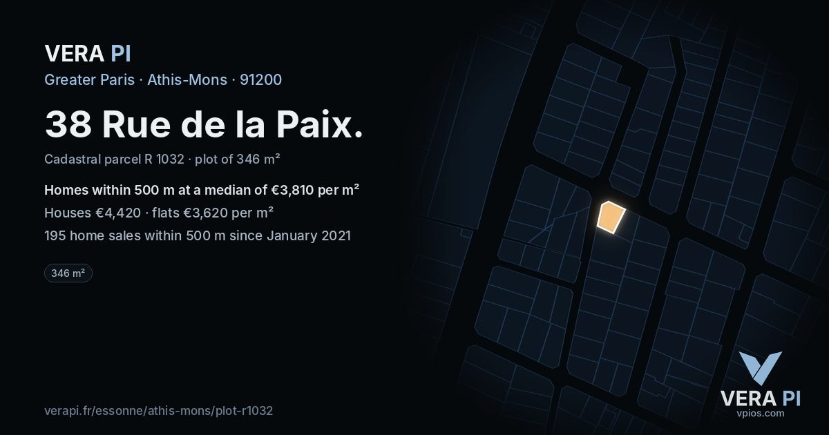 38 Rue de la Paix, Athis-Mons at night – the plot lit, the parcels around coloured by the prices near them