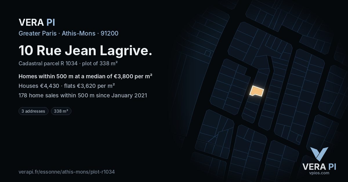 10 Rue Jean Lagrive, Athis-Mons at night – the plot lit, the parcels around coloured by the prices near them