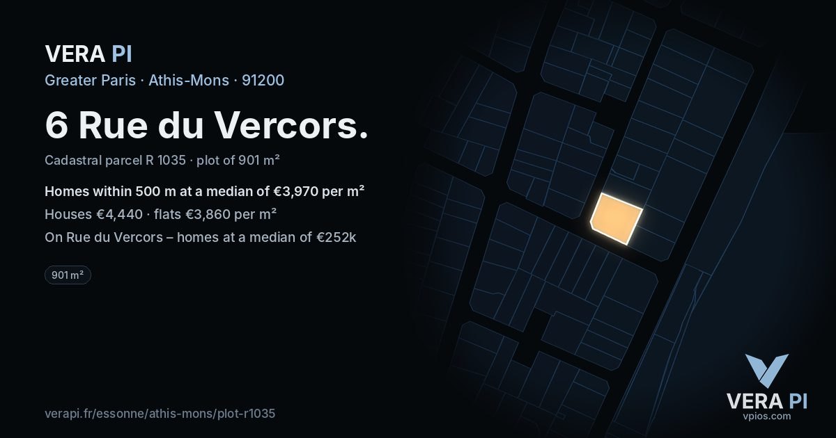 6 Rue du Vercors, Athis-Mons at night – the plot lit, the parcels around coloured by the prices near them
