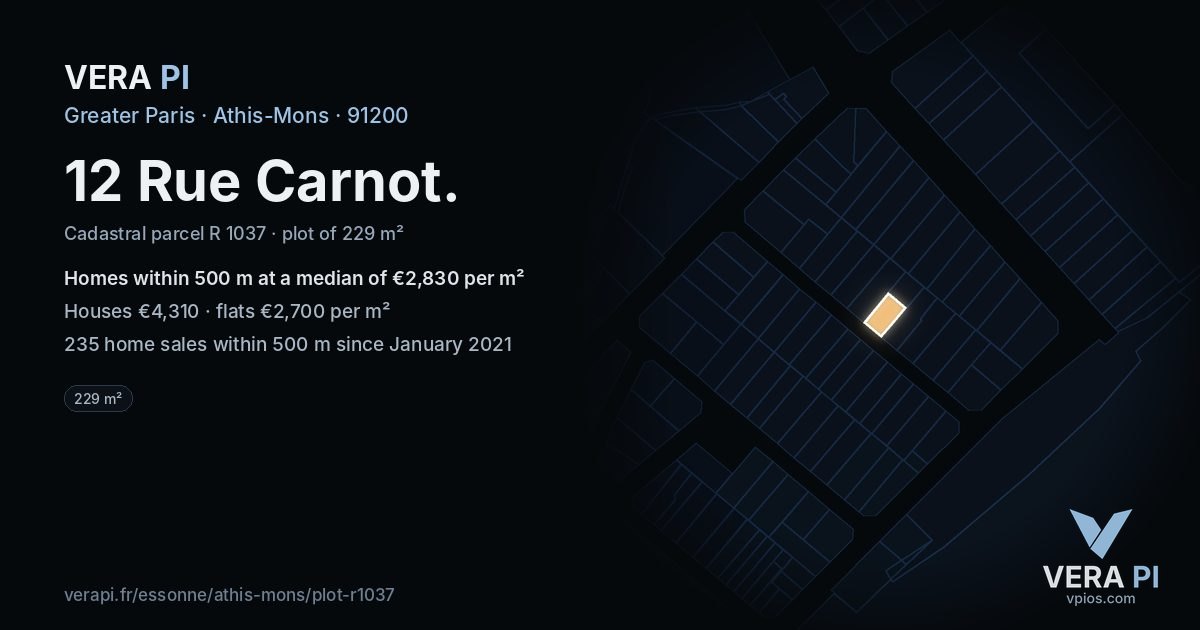 12 Rue Carnot, Athis-Mons at night – the plot lit, the parcels around coloured by the prices near them