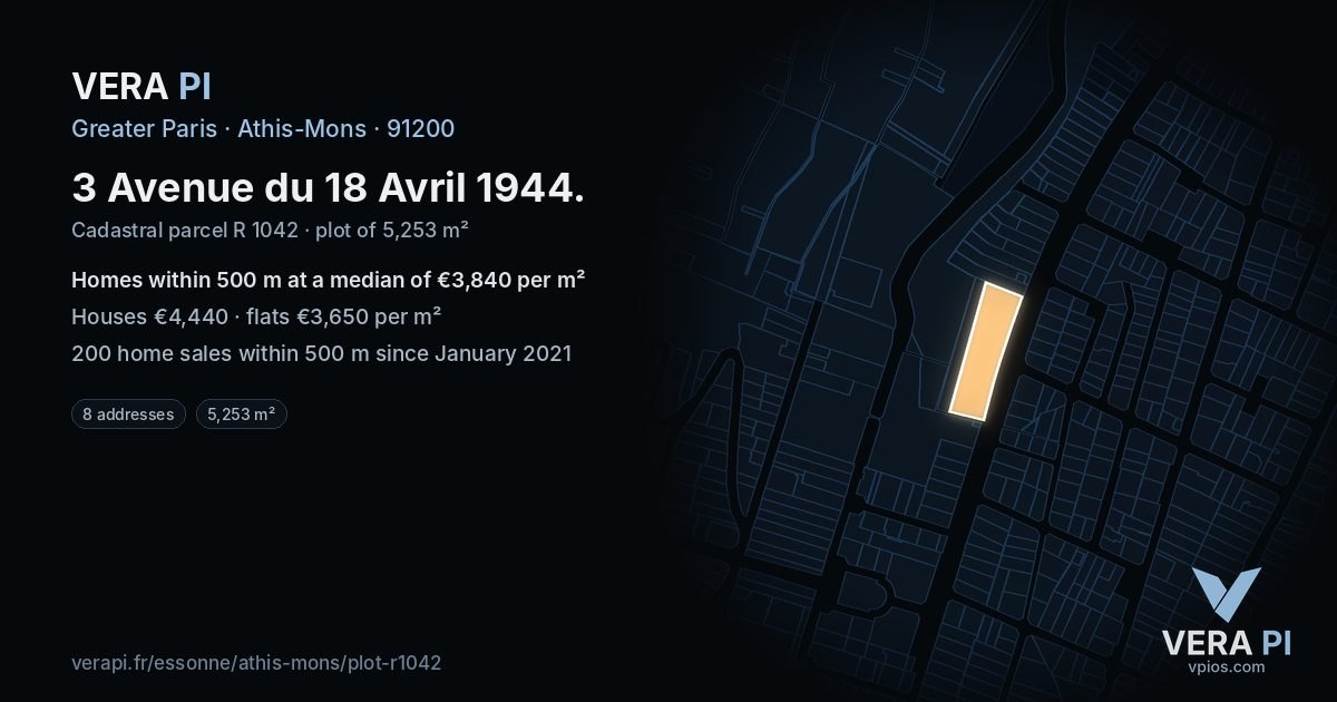3 Avenue du 18 Avril 1944, Athis-Mons at night – the plot lit, the parcels around coloured by the prices near them