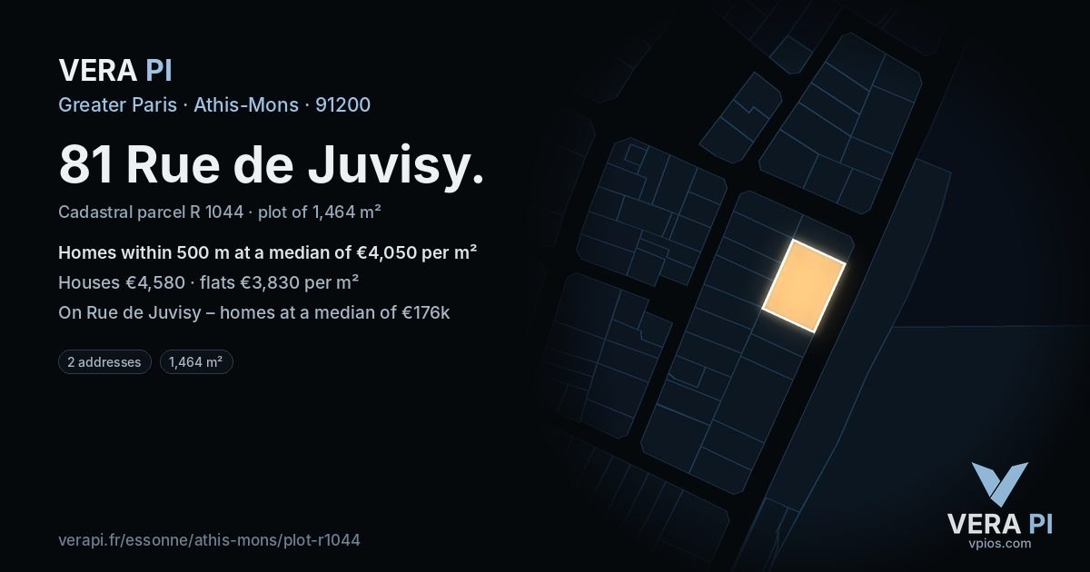 81 Rue de Juvisy, Athis-Mons at night – the plot lit, the parcels around coloured by the prices near them