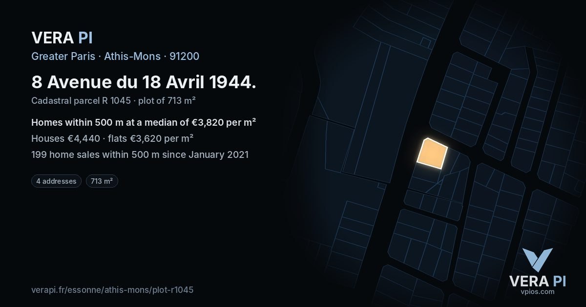 8 Avenue du 18 Avril 1944, Athis-Mons at night – the plot lit, the parcels around coloured by the prices near them