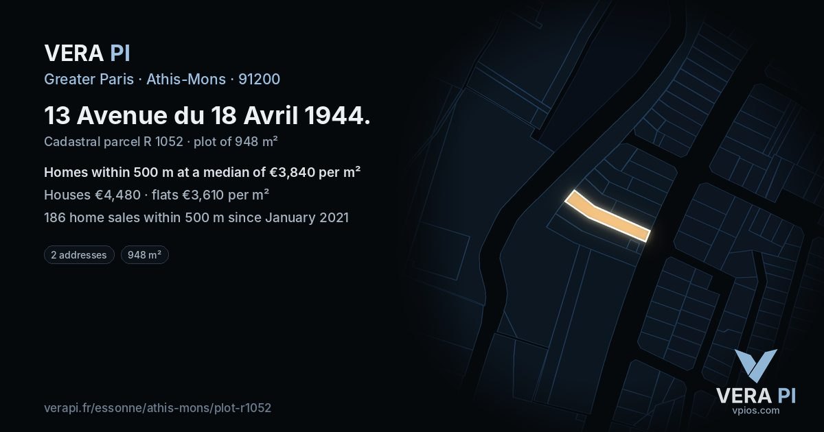 13 Avenue du 18 Avril 1944, Athis-Mons at night – the plot lit, the parcels around coloured by the prices near them