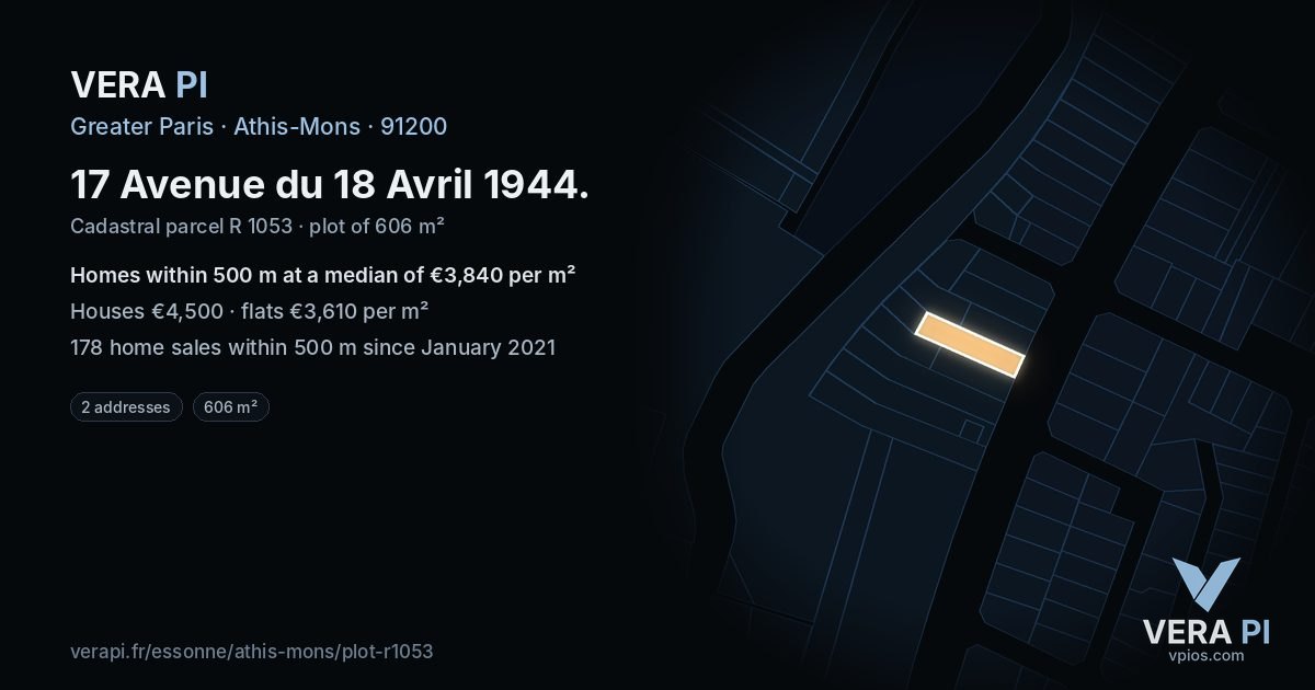 17 Avenue du 18 Avril 1944, Athis-Mons at night – the plot lit, the parcels around coloured by the prices near them