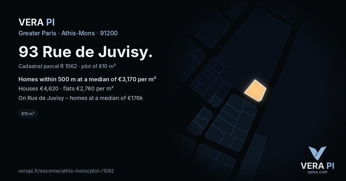 93 Rue de Juvisy, Athis-Mons at night – the plot lit, the parcels around coloured by the prices near them