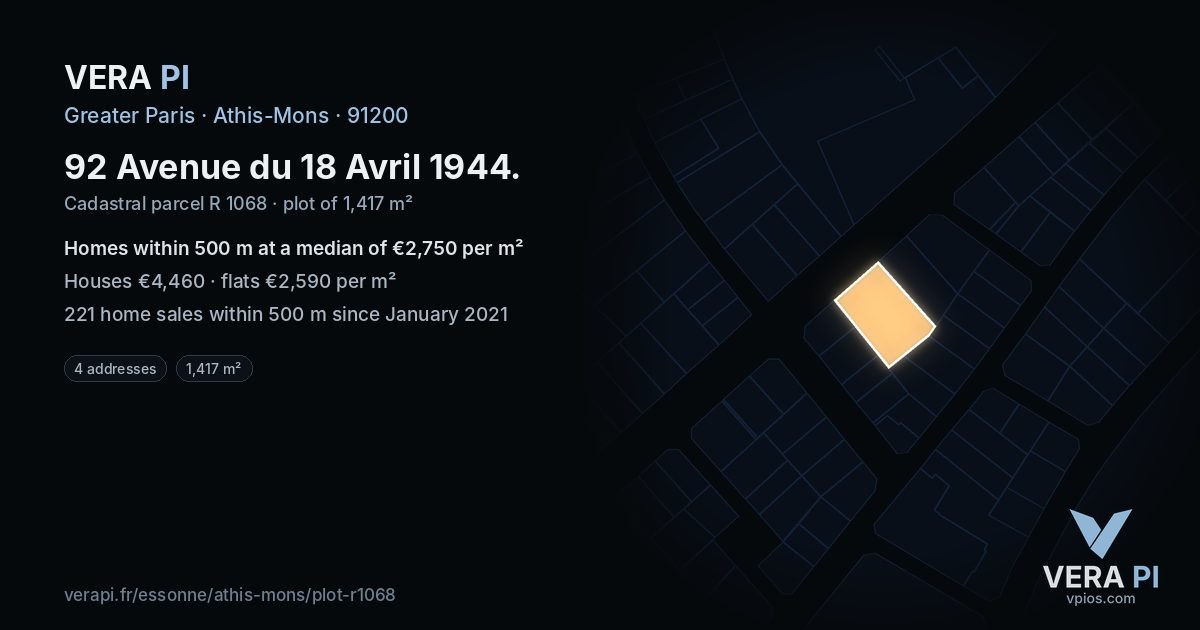 92 Avenue du 18 Avril 1944, Athis-Mons at night – the plot lit, the parcels around coloured by the prices near them