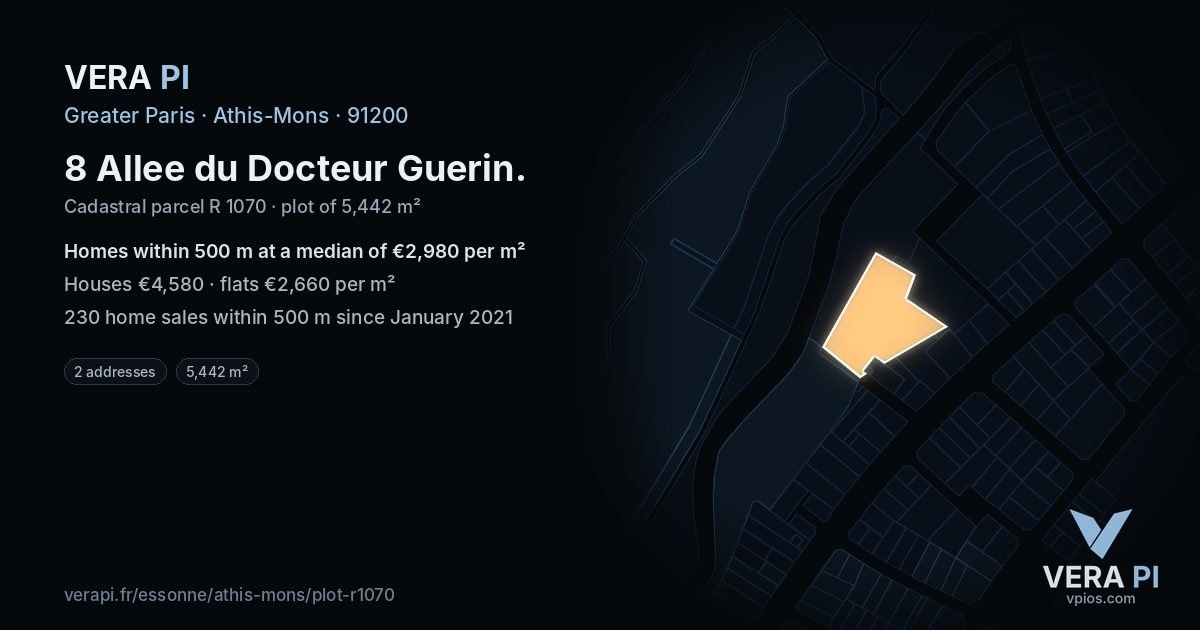 8 Allee du Docteur Guerin, Athis-Mons at night – the plot lit, the parcels around coloured by the prices near them