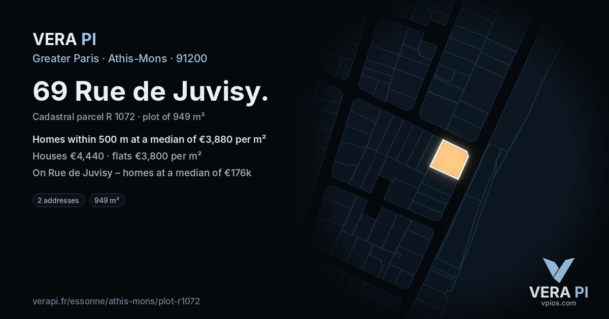 69 Rue de Juvisy, Athis-Mons at night – the plot lit, the parcels around coloured by the prices near them