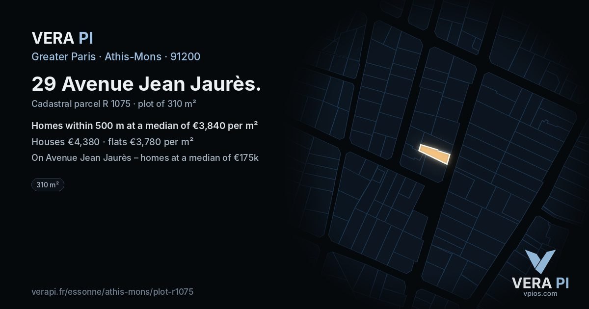 29 Avenue Jean Jaurès, Athis-Mons at night – the plot lit, the parcels around coloured by the prices near them
